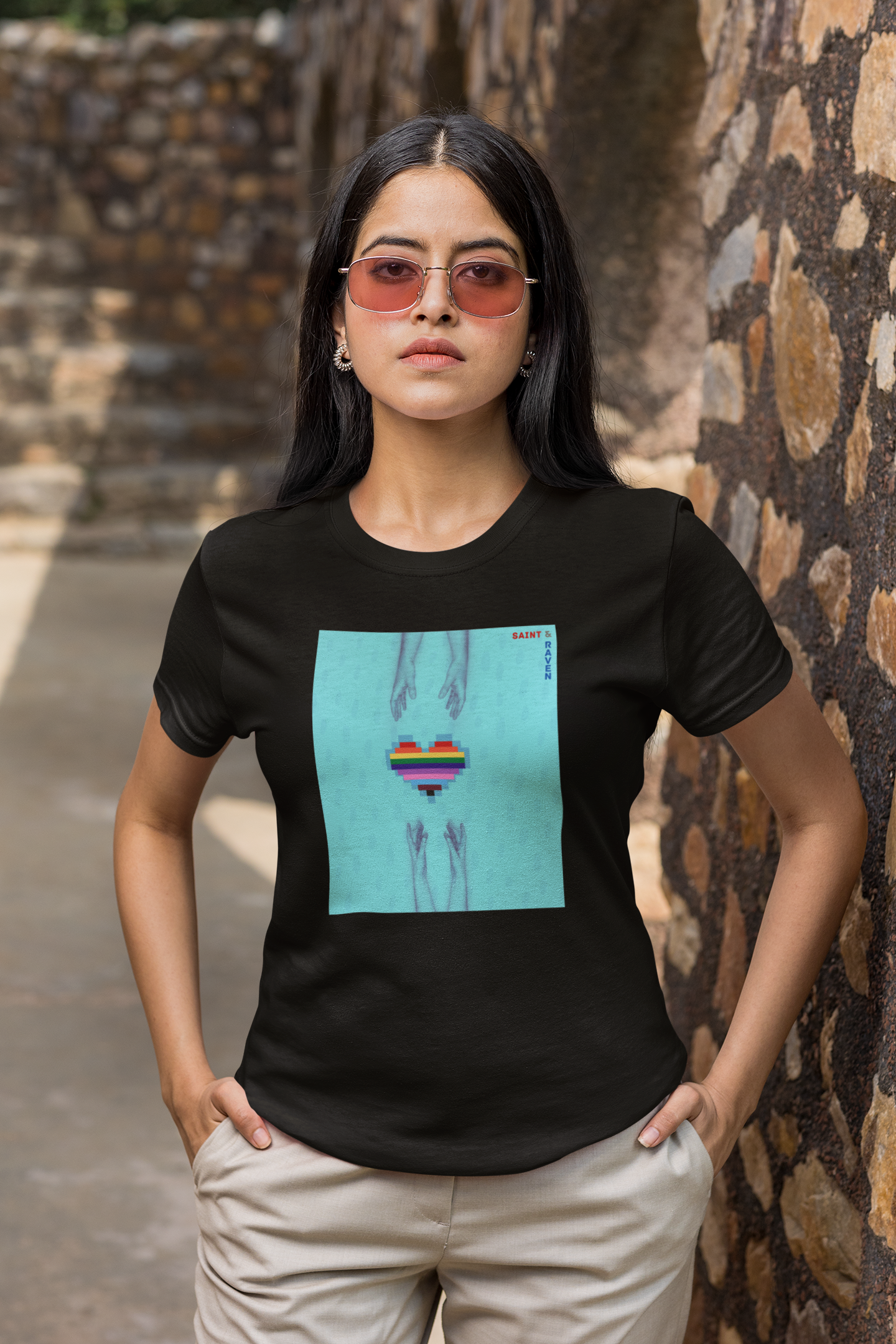 Pixelated LGBTQ Heart with Hands T-Shirt - Blue