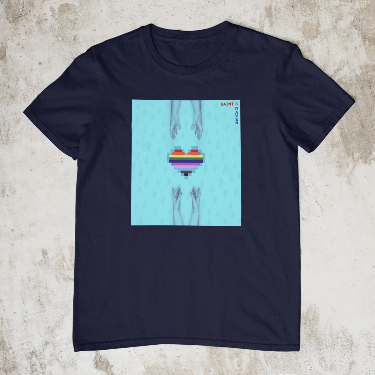 Pixelated LGBTQ Heart with Hands T-Shirt - Blue