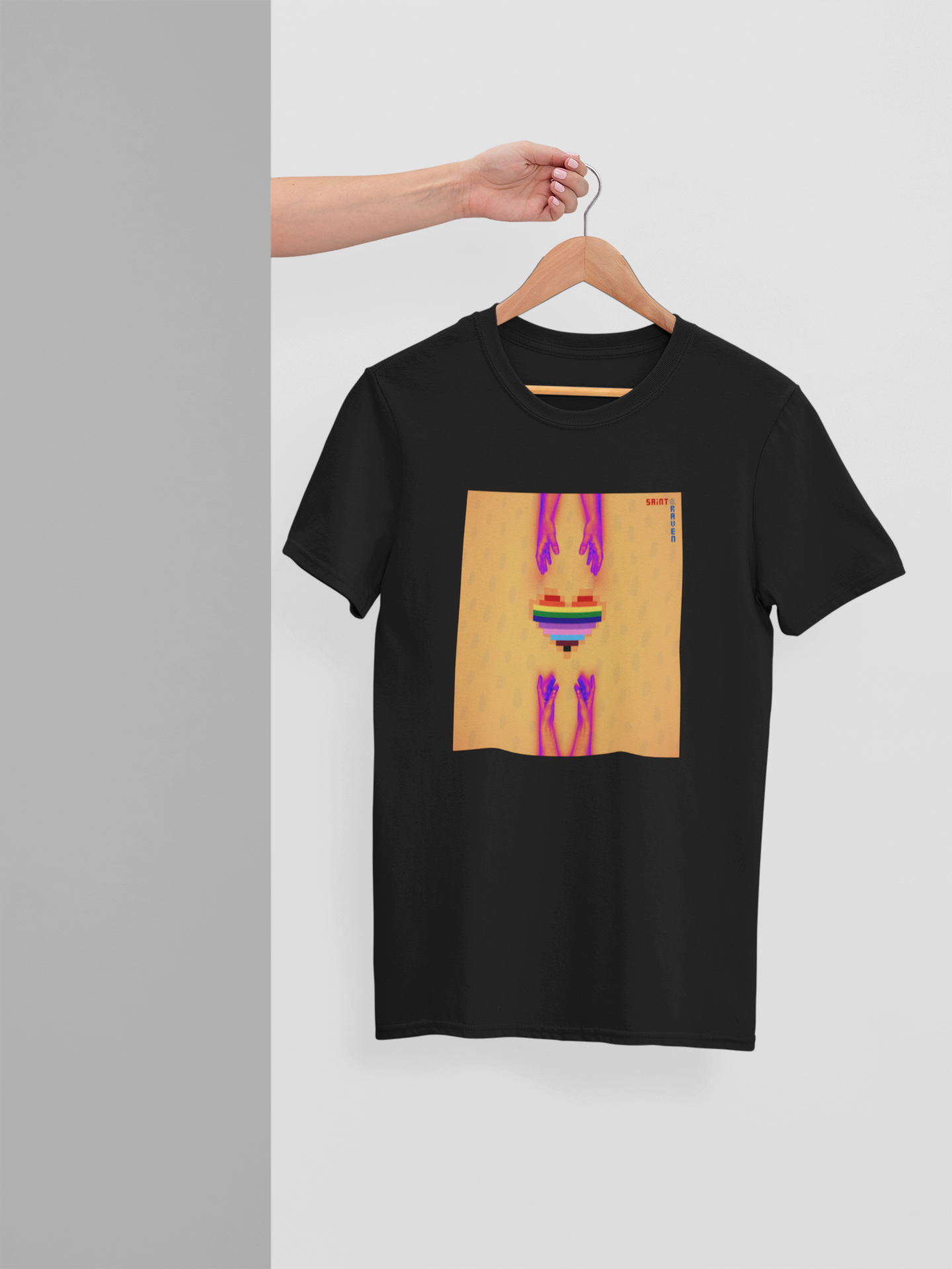 Orange LGBTQIA+ Pixelated Heart and Hands T-Shirt