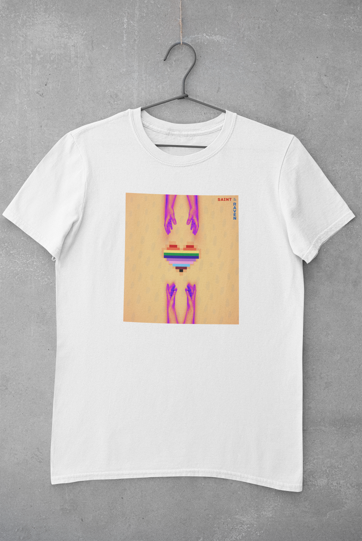 Orange LGBTQIA+ Pixelated Heart and Hands T-Shirt