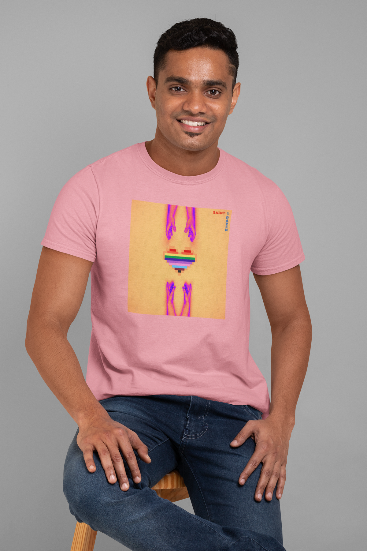 Orange LGBTQIA+ Pixelated Heart and Hands T-Shirt