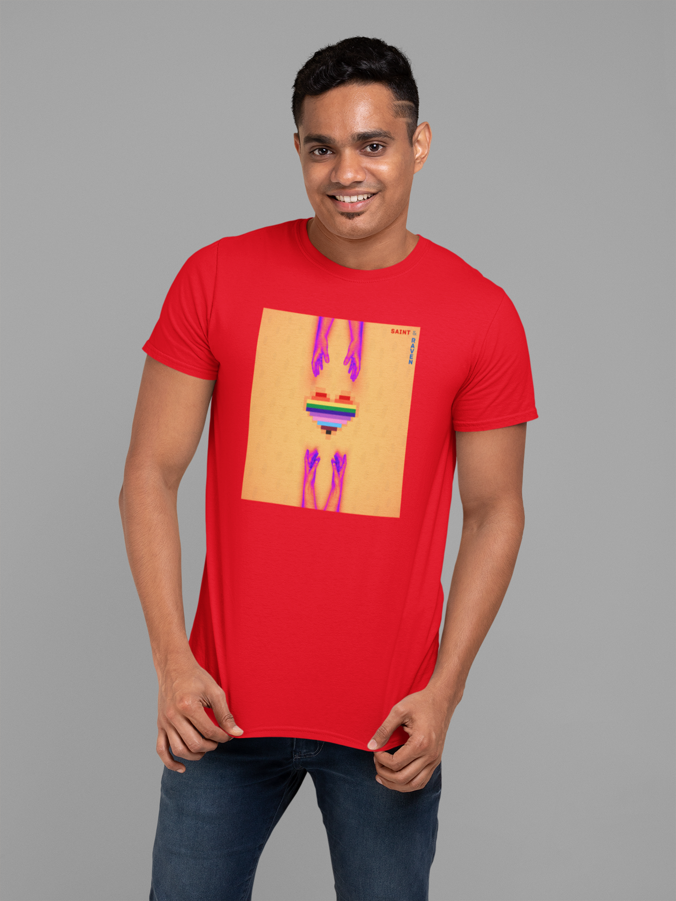 Orange LGBTQIA+ Pixelated Heart and Hands T-Shirt